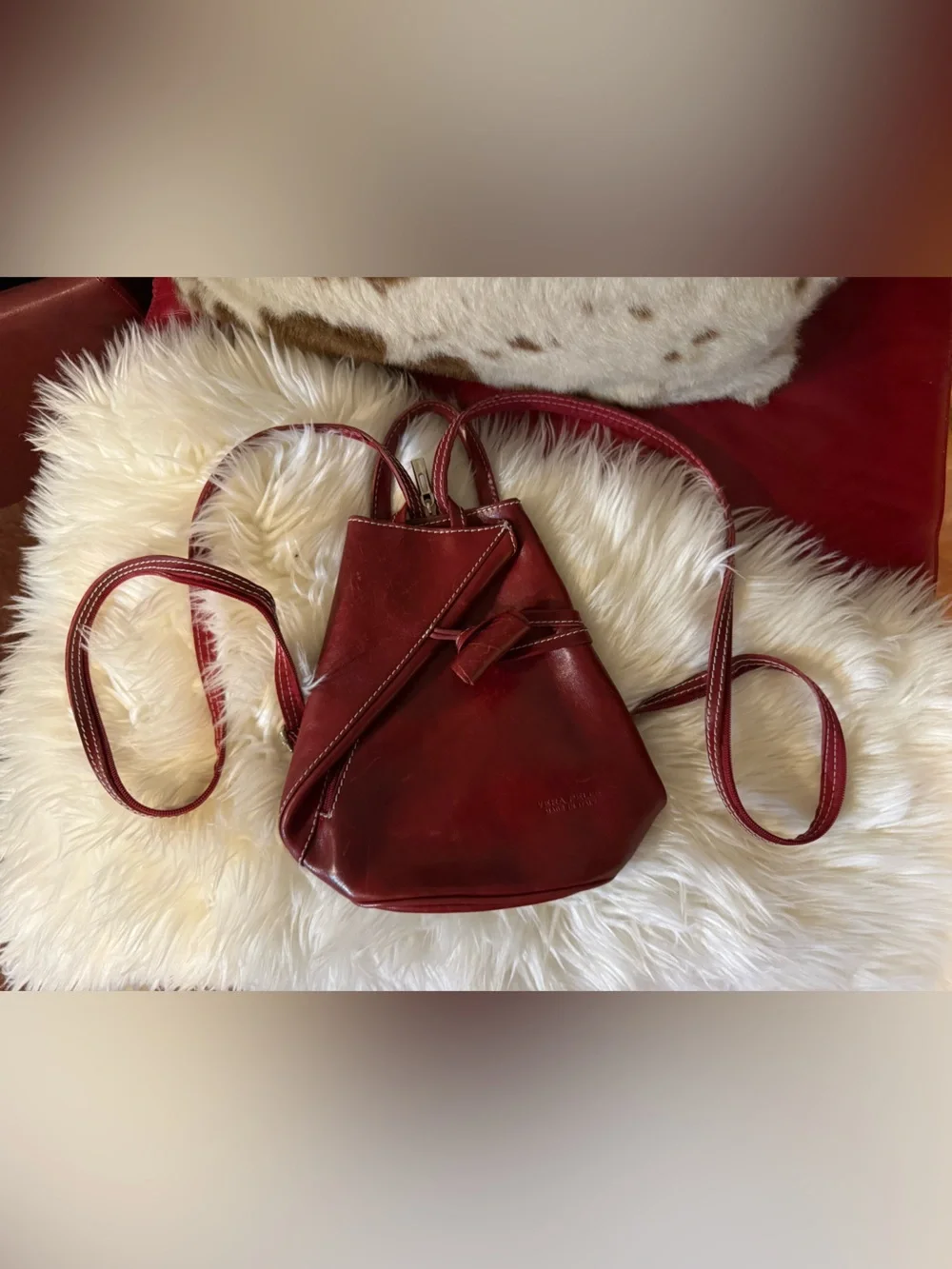 Vera Pelle Burgundy Full Grain Italian Leather Backpack Crossbody
